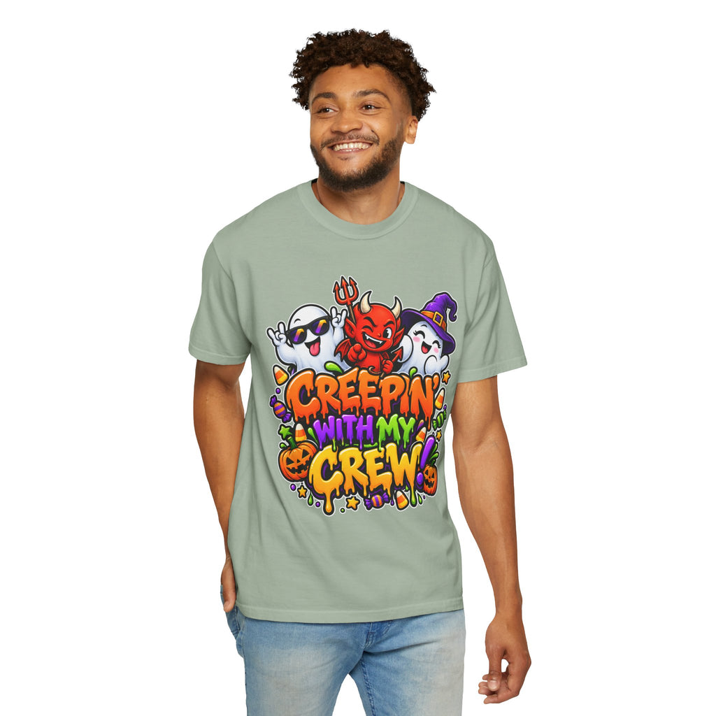 Creepin’ With My Crew Halloween T-Shirt – Colorful Funny Ghost & Devil Graphic Tee