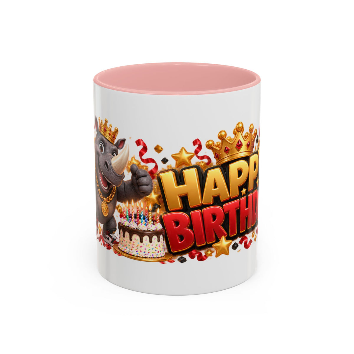 Happy Birthday Rhino Mug – Colorful 3D Birthday Gift – White Coffee Mug
