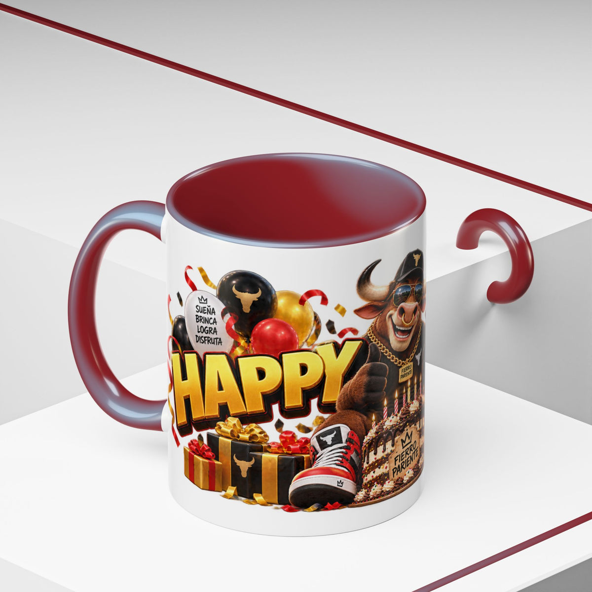 Happy Birthday Bull Mug – Colorful 3D Birthday Gift – White Coffee Mug