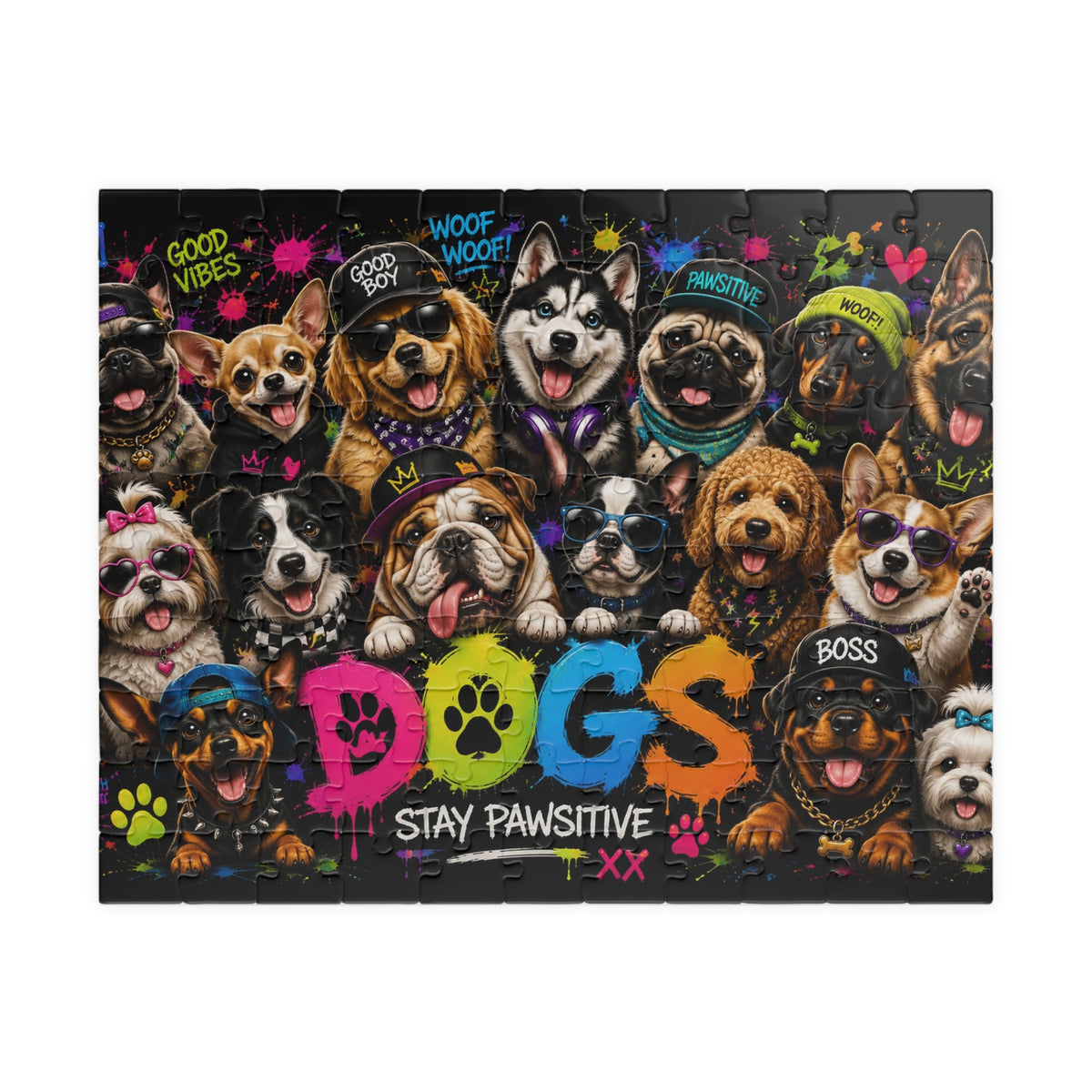 Dog Collage Puzzle — “Dogs Stay Pawsitive” Colorful 110/252-Piece Jigsaw