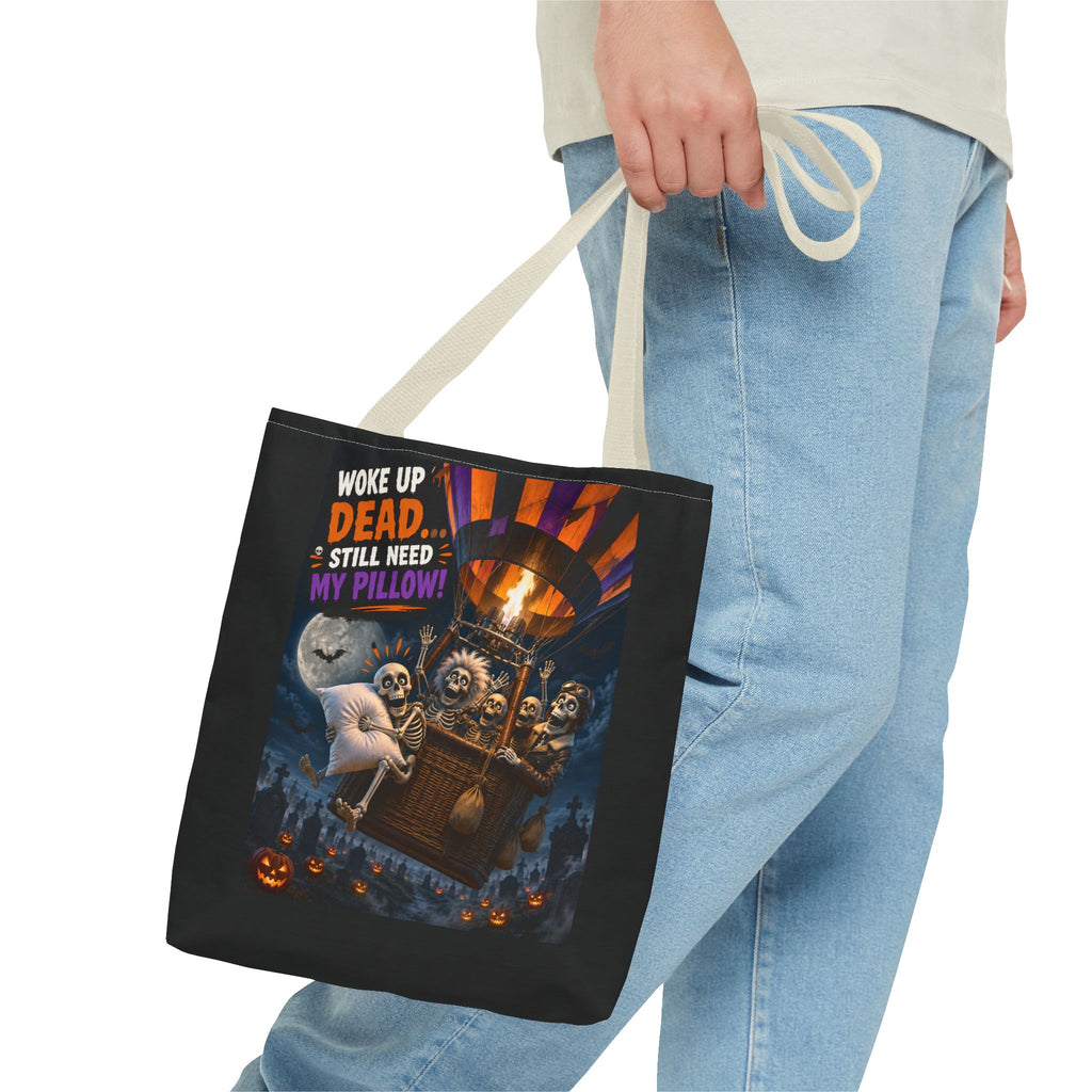 Halloween Ghost Tote — "Woke Up Dead... Still Need My Pillow" All-Over Print Tote