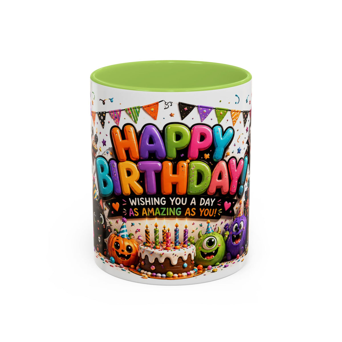 Happy Birthday Accent Coffee Mug — Colorful 3D Birthday Party Design (11/15oz)