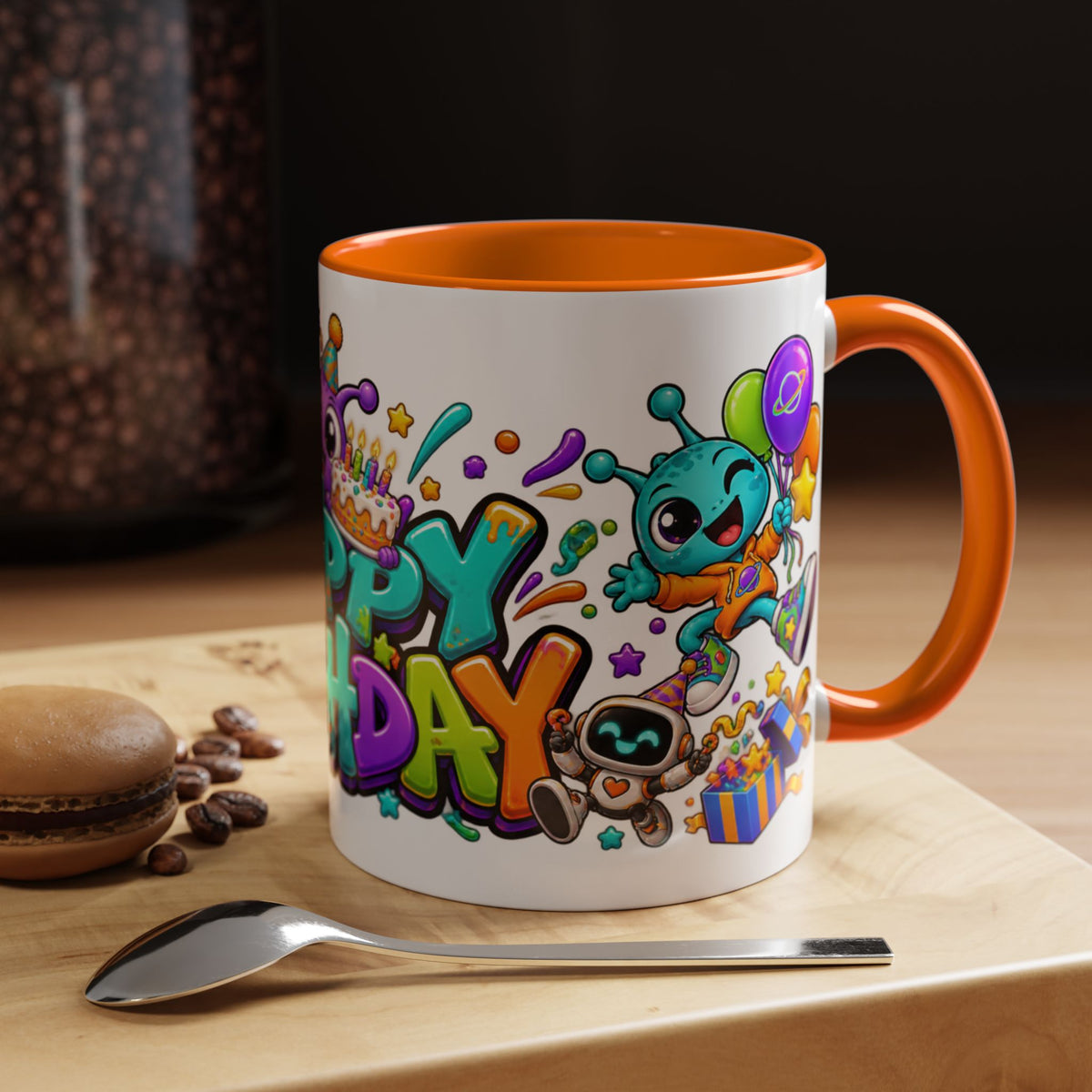 Happy Birthday Alien Mug – Colorful Space Party Cup with Cute Aliens & Robots