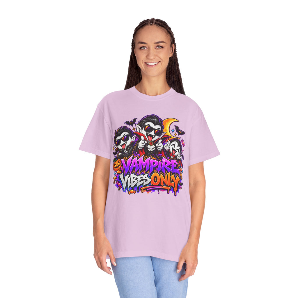 Neon Vampire Vibes Halloween Unisex Garment-Dyed T-Shirt Featuring a Cool Festora Vampire Crew