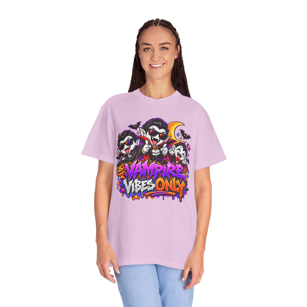 Neon Vampire Vibes Halloween Unisex Garment-Dyed T-Shirt Featuring a Cool Festora Vampire Crew