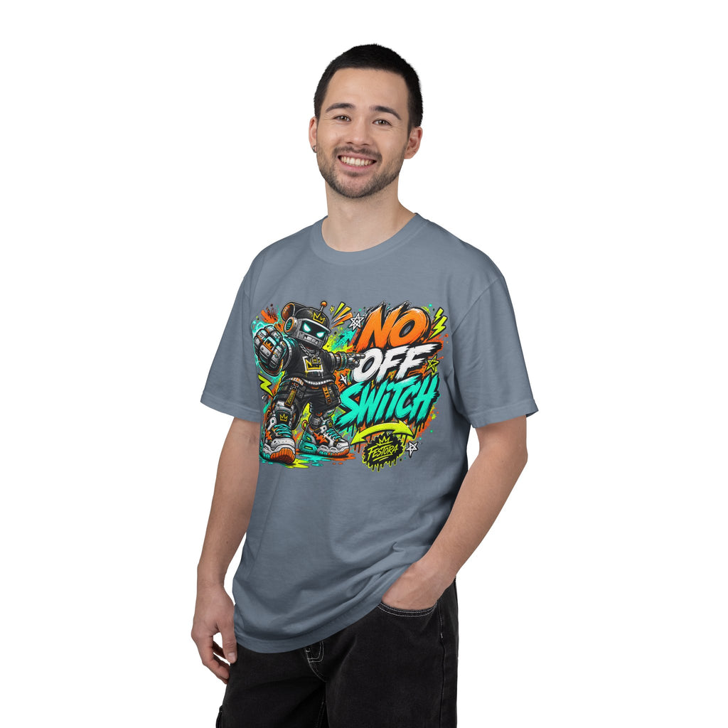 No Off Switch Robot Graphic T-Shirt — Bold Retro Streetwear Design