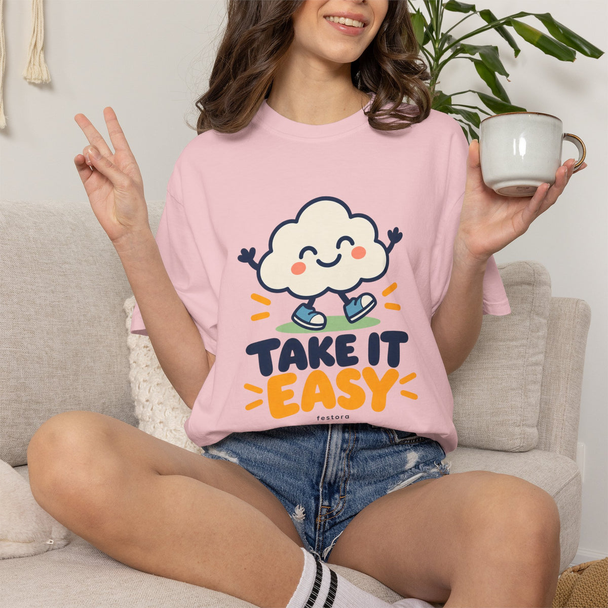 Take It Easy – Happy Cloud Graphic T-Shirt | Festora Everyday