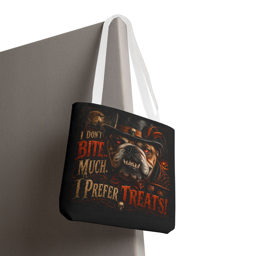 Halloween Bulldog Tote Bag — "I Don't Bite Much, I Prefer Treats" Candy‑Lovers Reusable Bag
