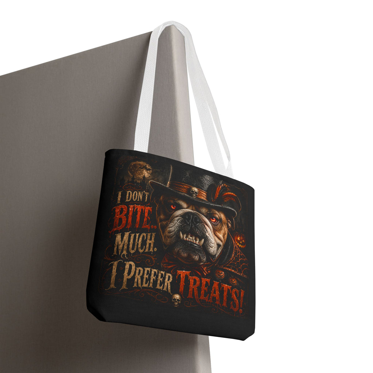 Halloween Bulldog Tote Bag — "I Don't Bite Much, I Prefer Treats" Candy‑Lovers Reusable Bag