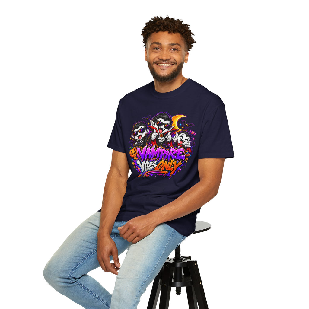 Neon Vampire Vibes Halloween Unisex Garment-Dyed T-Shirt Featuring a Cool Festora Vampire Crew