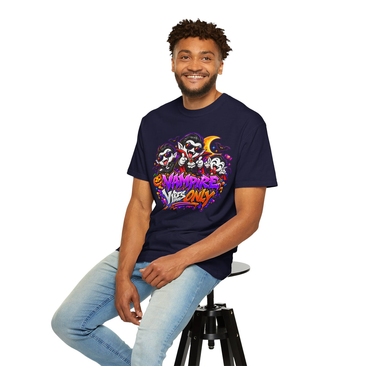 Neon Vampire Vibes Halloween Unisex Garment-Dyed T-Shirt Featuring a Cool Festora Vampire Crew