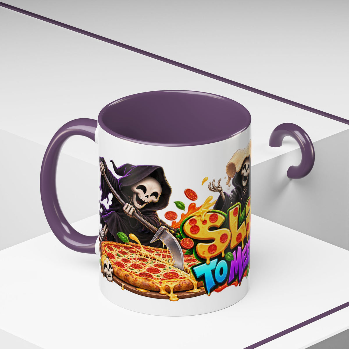 Slice to Meet You Funny Grim Reaper Pizza Halloween White Mug