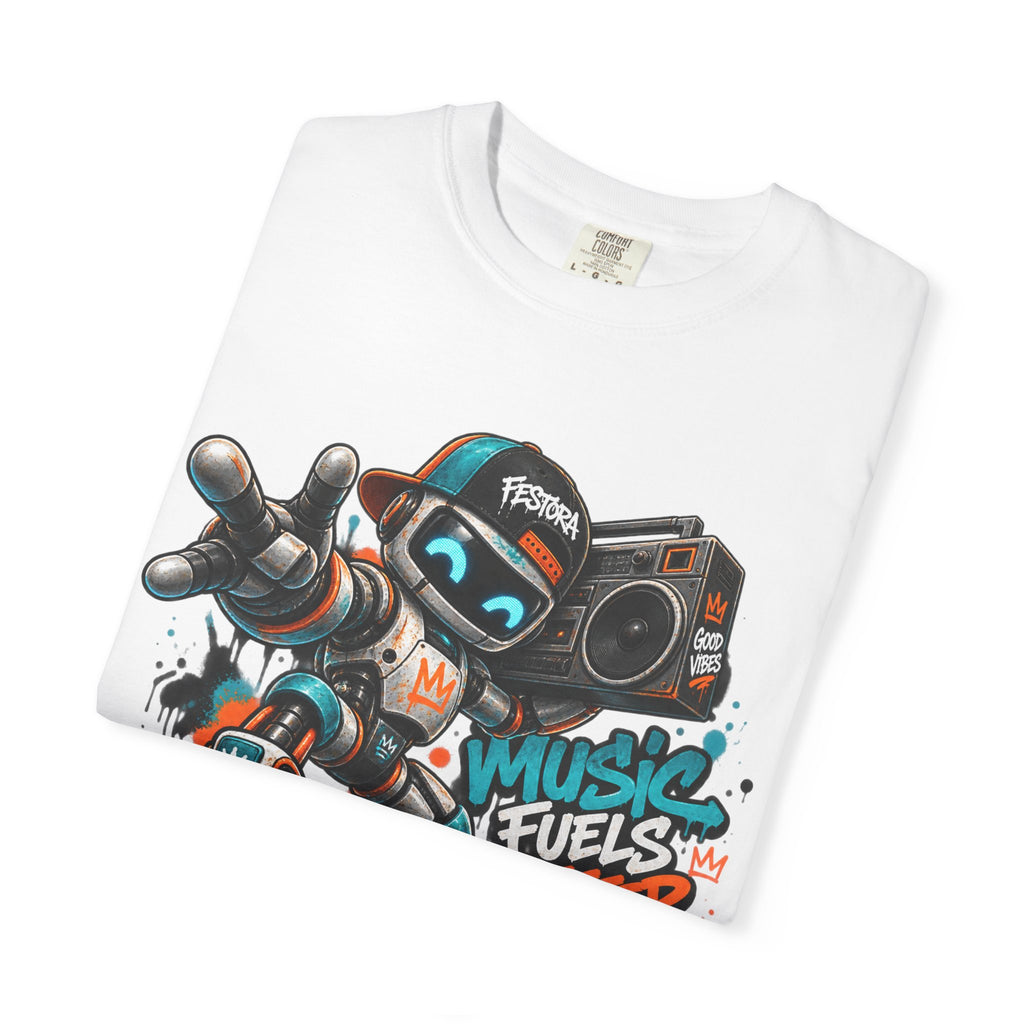 Music Fuels Better Days T-Shirt — Retro Robot Boombox Streetwear