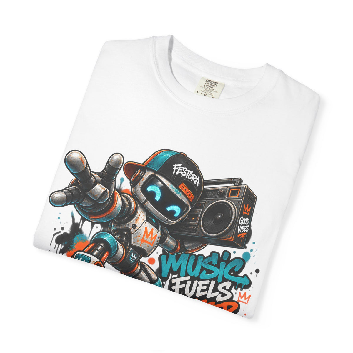 Music Fuels Better Days T-Shirt — Retro Robot Boombox Streetwear