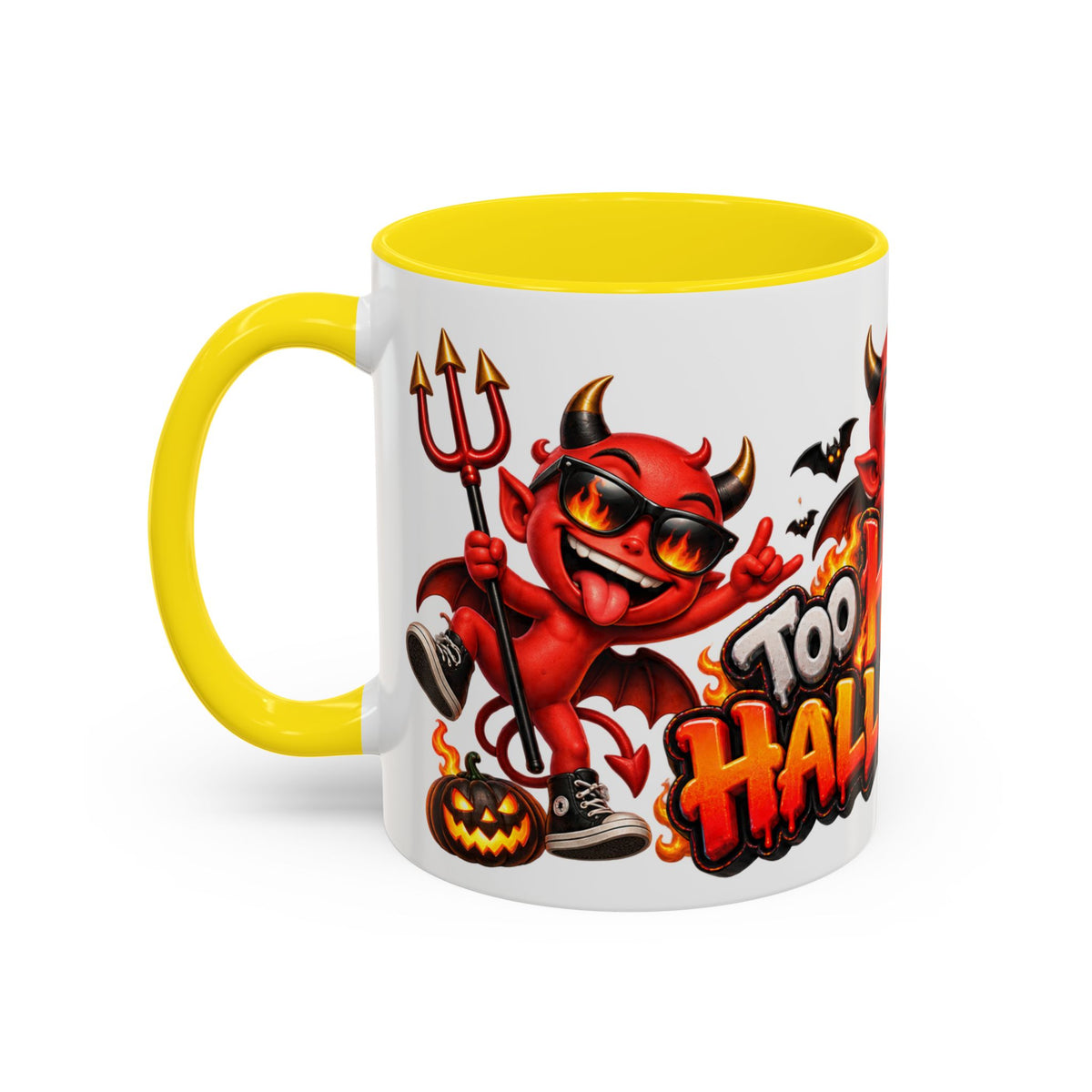 Too Hot for Halloween White Mug – Funny Devils, Flames & Spooky Design