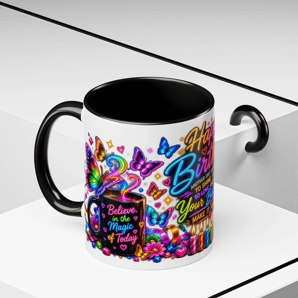 Birthday Coffee Mug – Colorful "Happy Birthday" Gift Mug with Butterflies & Candles