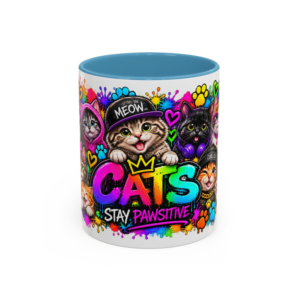Cats Stay Pawsitive Accent Coffee Mug – Colorful Cute Cat Paw Print Design (11oz)