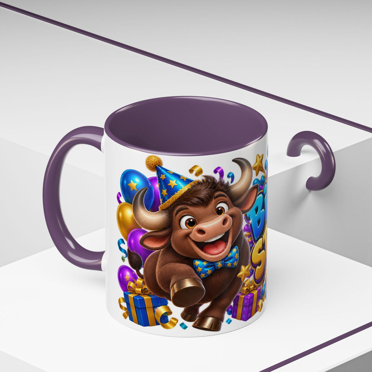 Birthday Stampede White Mug – Cute Buffalo Birthday Cup, Colorful Fun Party Gift