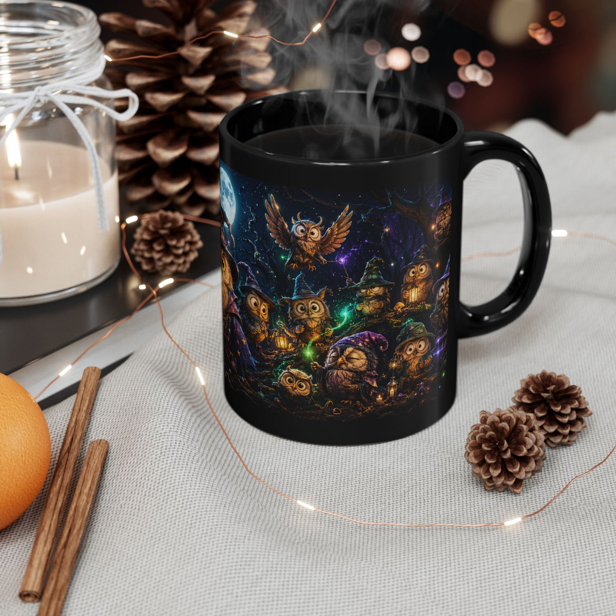 Halloween Owl Magic Black Mug — Witchy Owls Night Sky Coffee Cup (11oz/15oz)