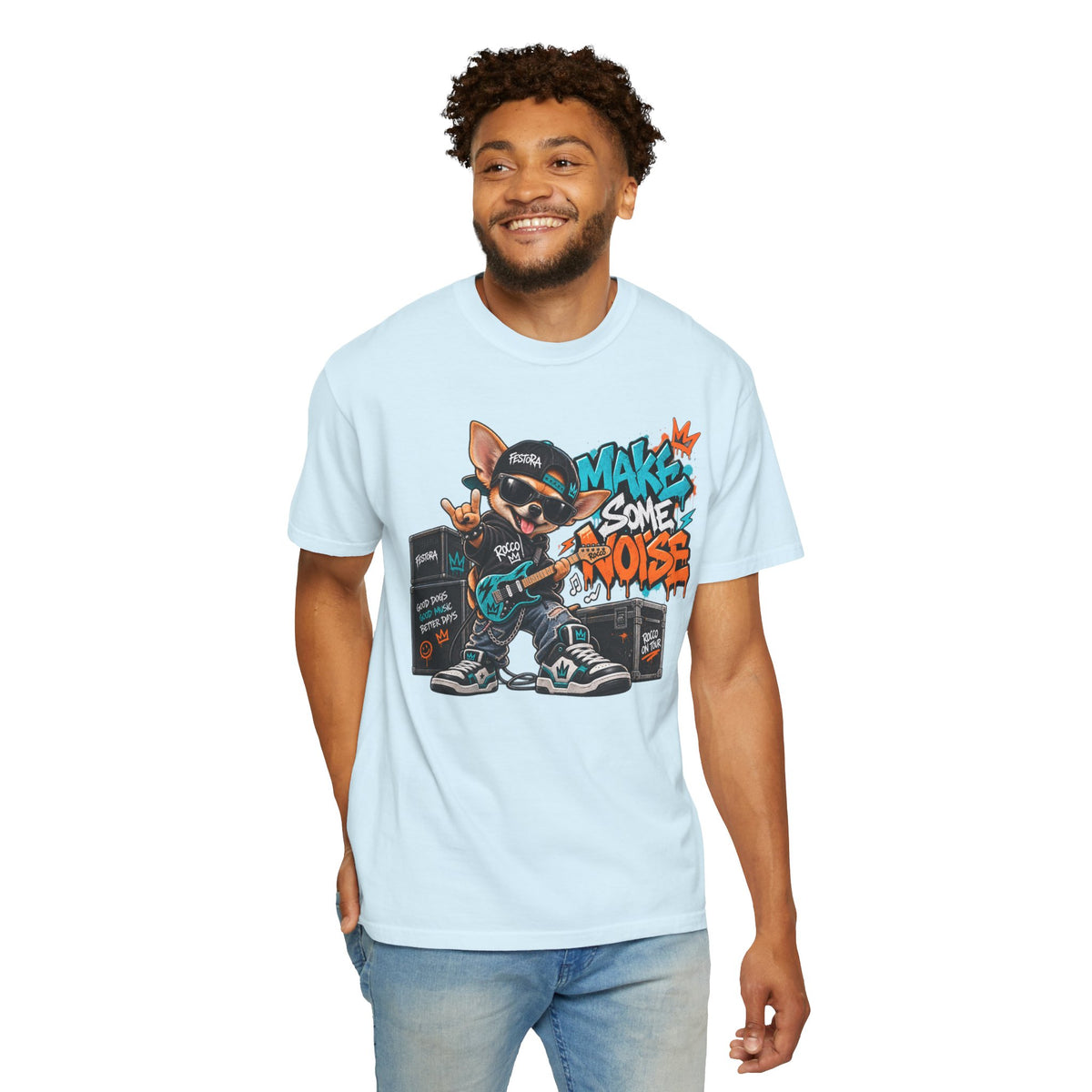 Make Some Noise Rocco Graphic T-Shirt — Streetwear Rock Dog Tee