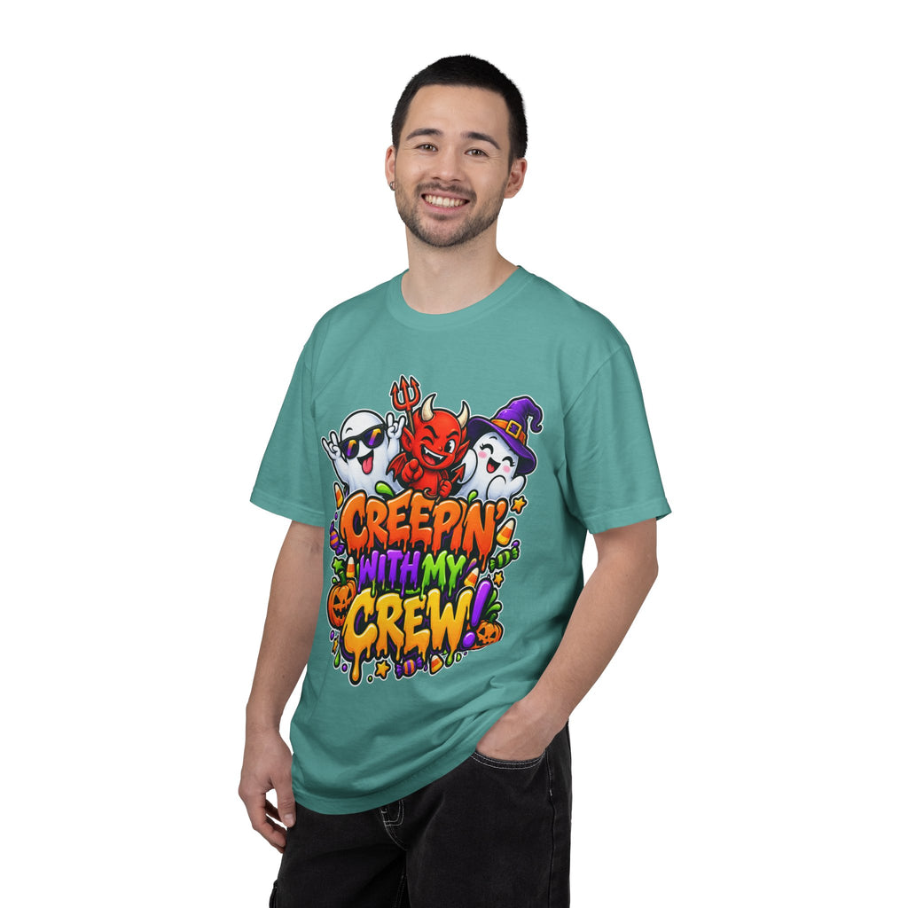 Creepin’ With My Crew Halloween T-Shirt – Colorful Funny Ghost & Devil Graphic Tee