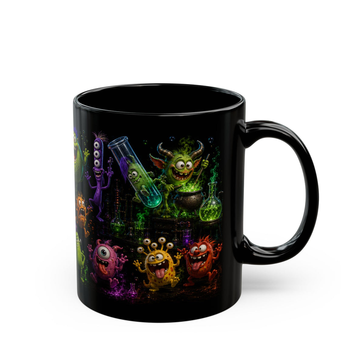Monster Lab Black Mug — Colorful Cute Monsters Wraparound Cup (11oz/15oz)