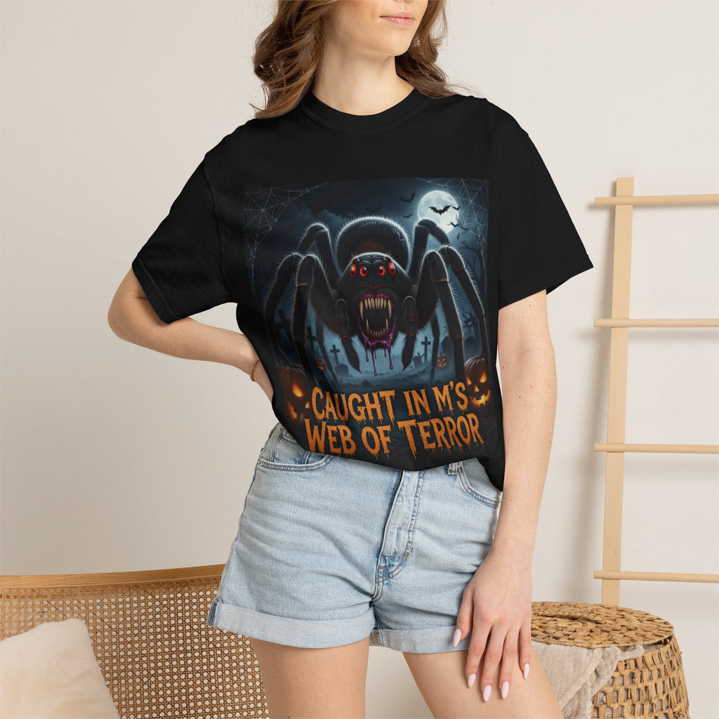 Spider Halloween T-Shirt — "Caught in M's Web of Terror" Horror Graphic Tee