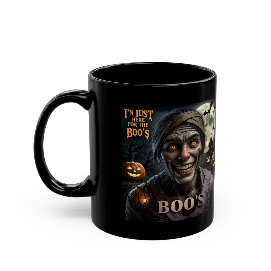 Halloween "I'm Just Here for the Boo's" Black Coffee Mug — Spooky Pumpkin & Mummy Design (11oz/15oz)