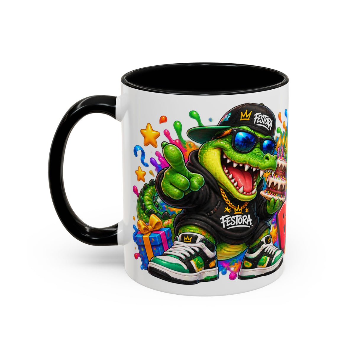 CHOMP INTO YOUR BIRTHDAY! White Ceramic Mug – Funny Crocodile Birthday Coffee Cup – Colorful Party Gift – Original FestoraShop Design