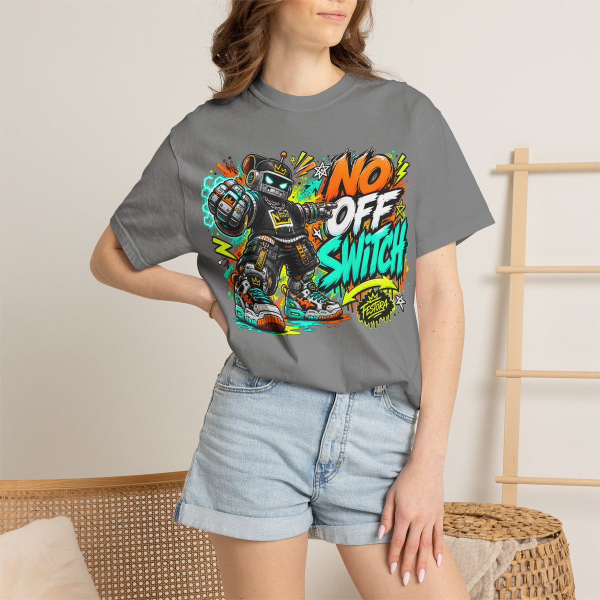 No Off Switch Robot Graphic T-Shirt — Bold Retro Streetwear Design