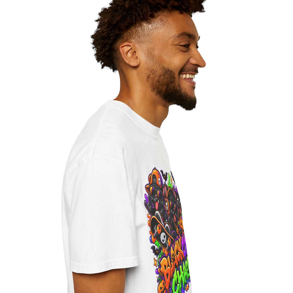 Neon Black Cat Halloween Chaos T-Shirt | Cute Spooky Cat Graphic Tee