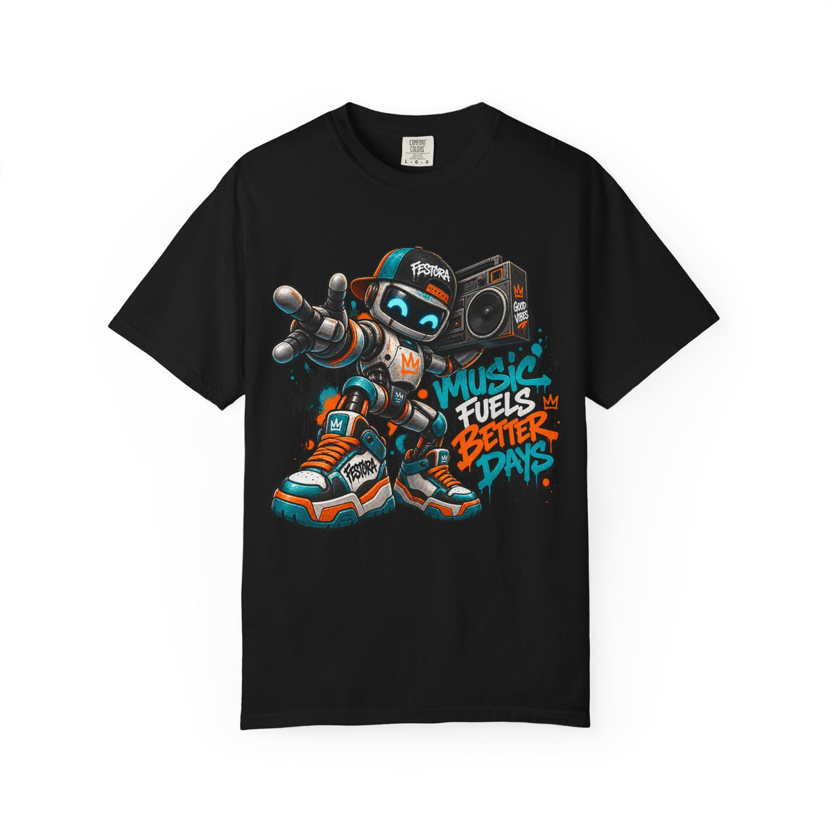 Music Fuels Better Days T-Shirt — Retro Robot Boombox Streetwear