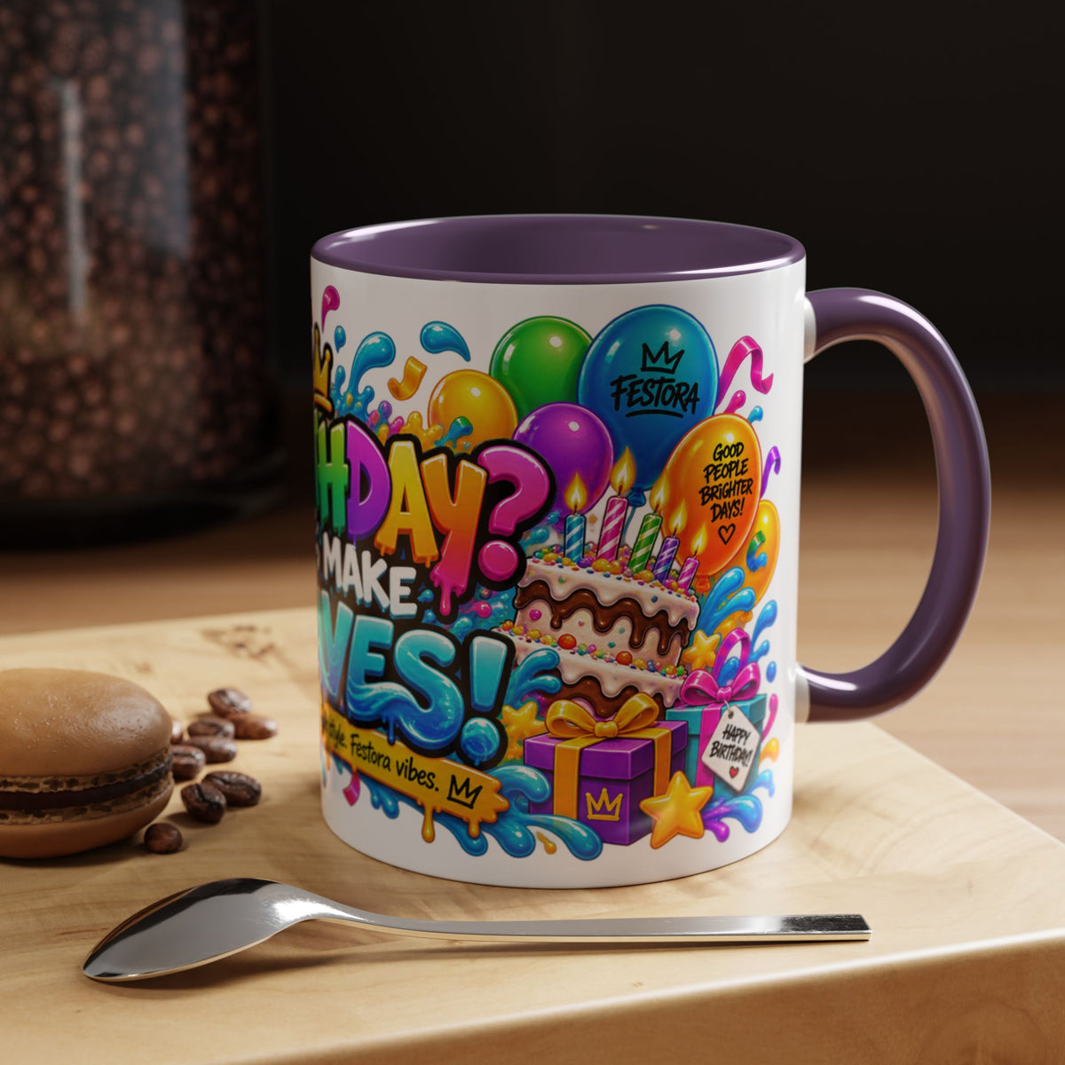 BIRTHDAY? LET’S MAKE WAVES! White Ceramic Mug – Funny Shark Birthday Coffee Cup – Original FestoraShop Design
