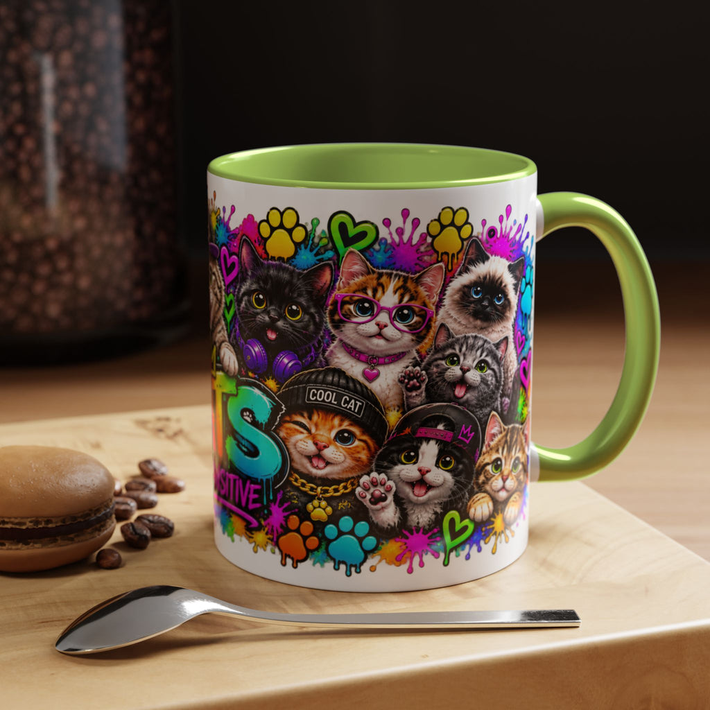 Cats Stay Pawsitive Accent Coffee Mug – Colorful Cute Cat Paw Print Design (11oz)