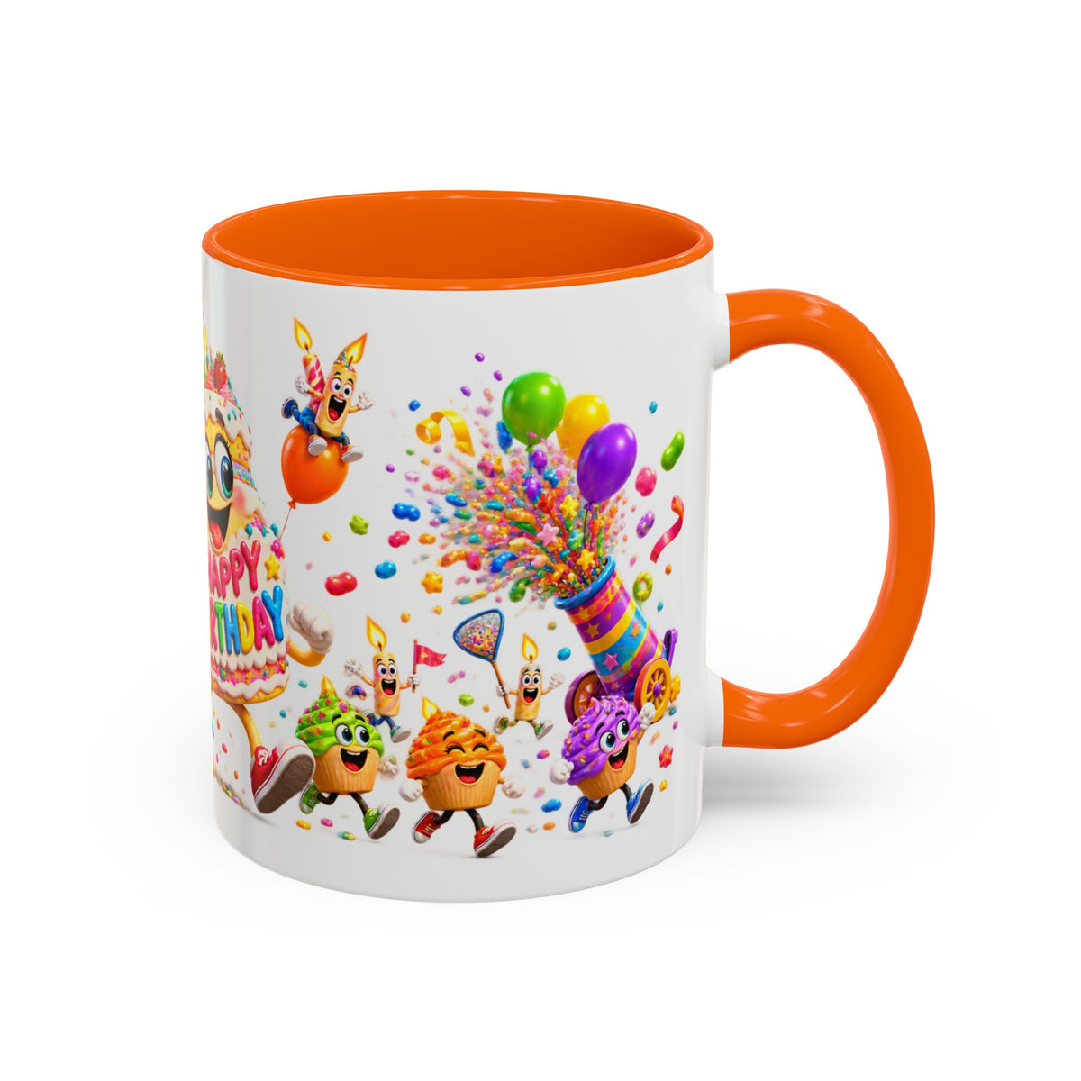 Birthday Party Coffee Mug – Colorful Happy Birthday Cake & Balloon Design (11/15oz Accent Mug)