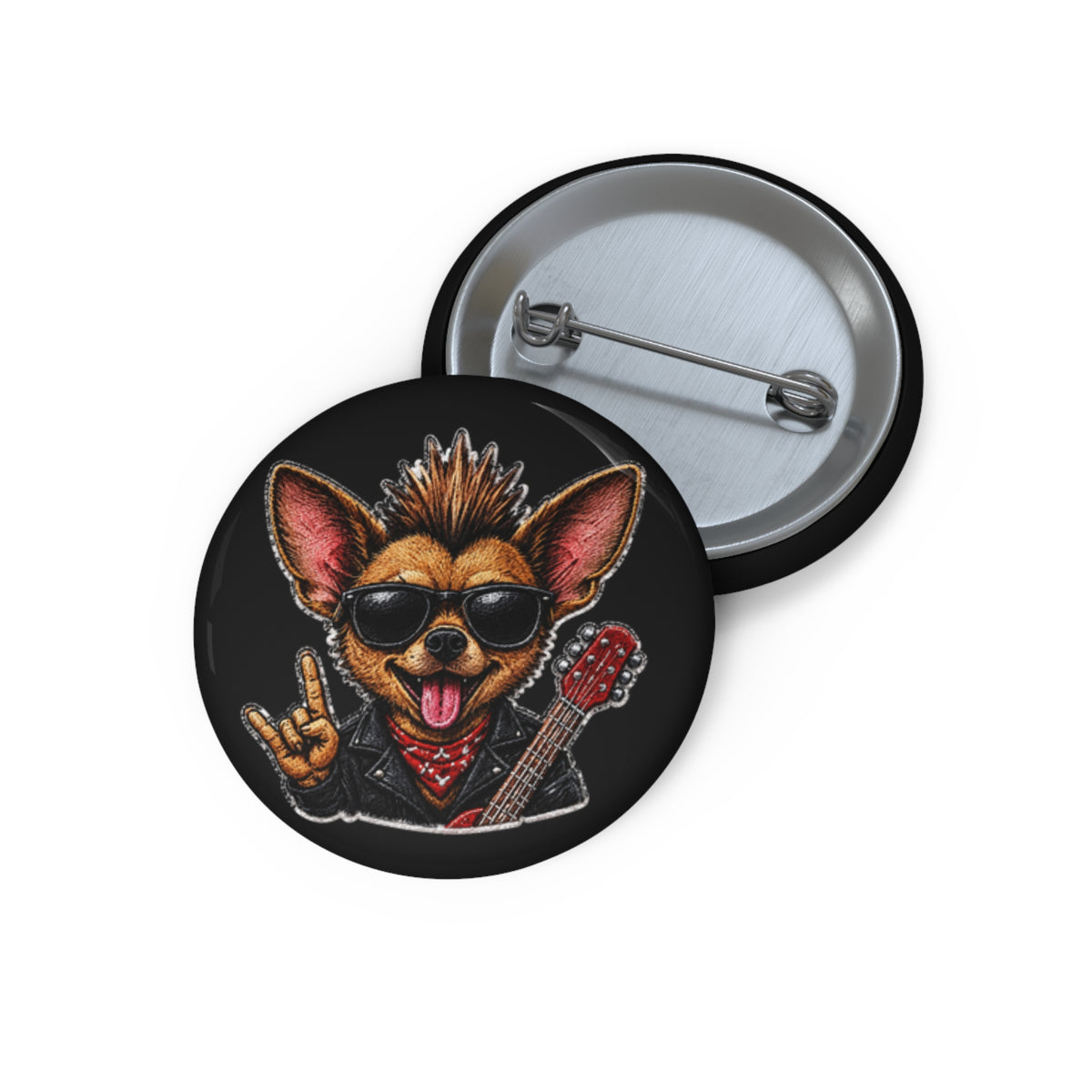 Rocco Rock ‘n’ Roll Chihuahua Pin Button — Punk Dog Guitar Badge