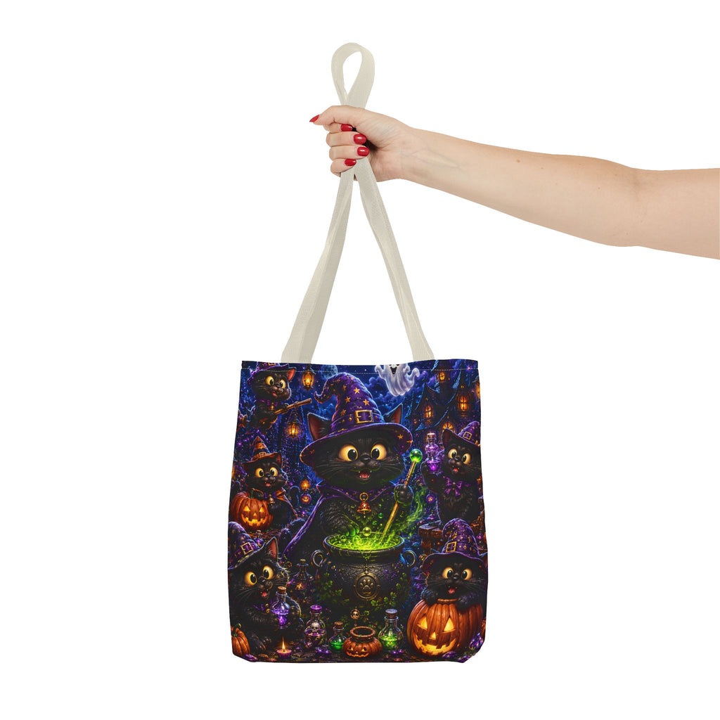 Halloween Black Cat Witches Tote Bag — Cute 3D Cats, Cauldron & Pumpkins Design