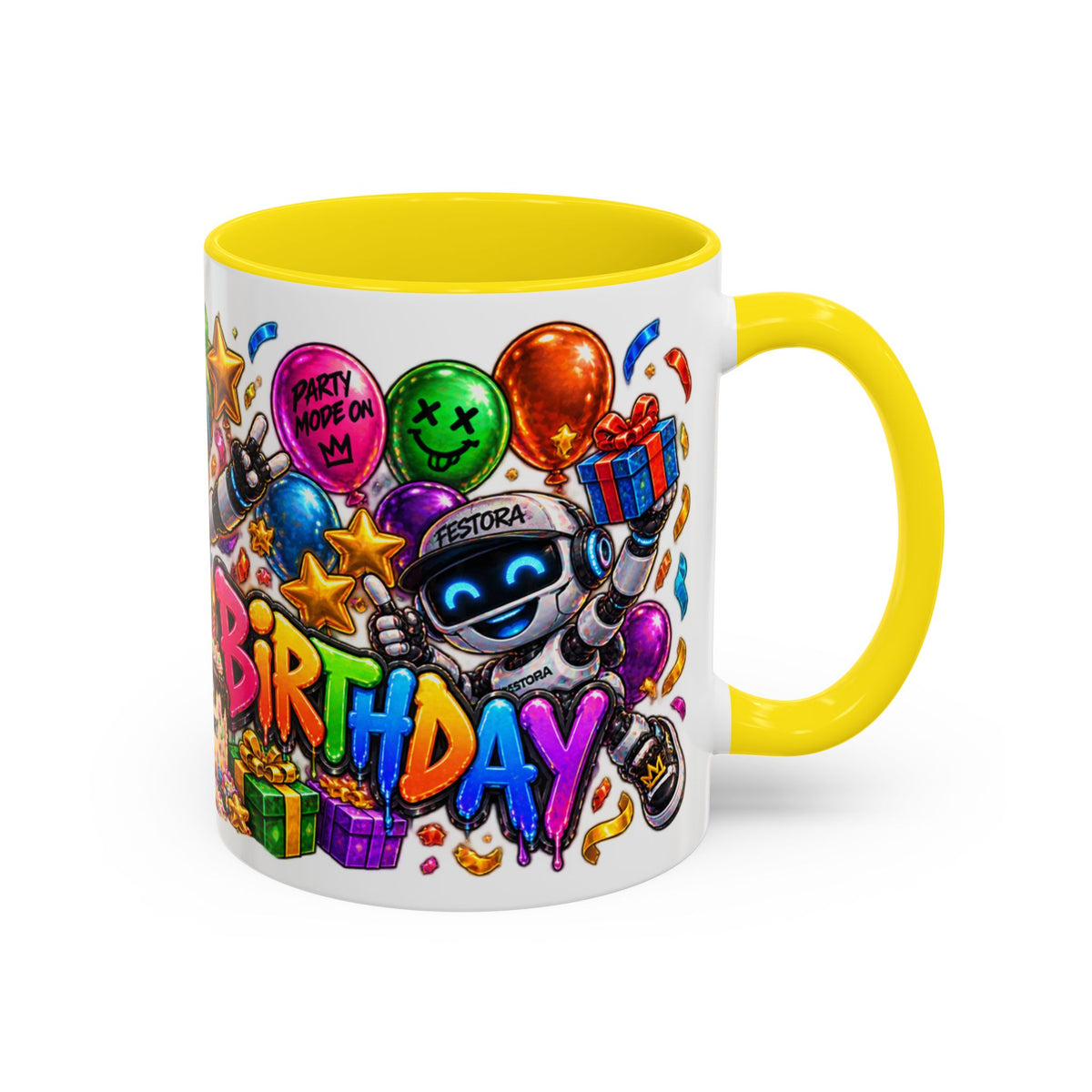 Birthday Robot Coffee Mug — Colorful Happy Birthday Accent Mug (11oz)