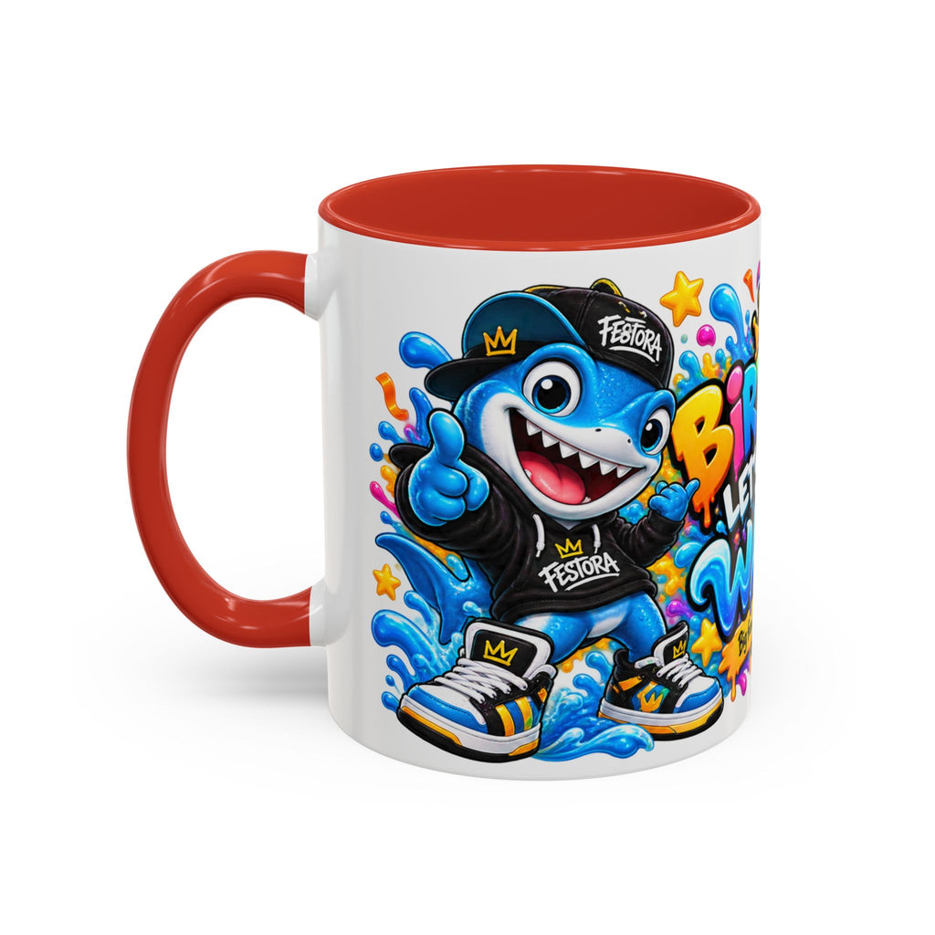 BIRTHDAY? LET’S MAKE WAVES! White Ceramic Mug – Funny Shark Birthday Coffee Cup – Original FestoraShop Design