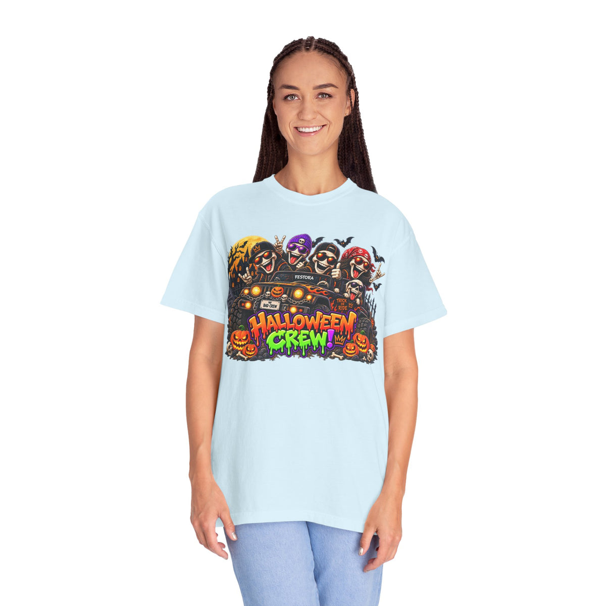 Halloween Crew T-Shirt – Skeleton Jeep Spooky Graphic Tee