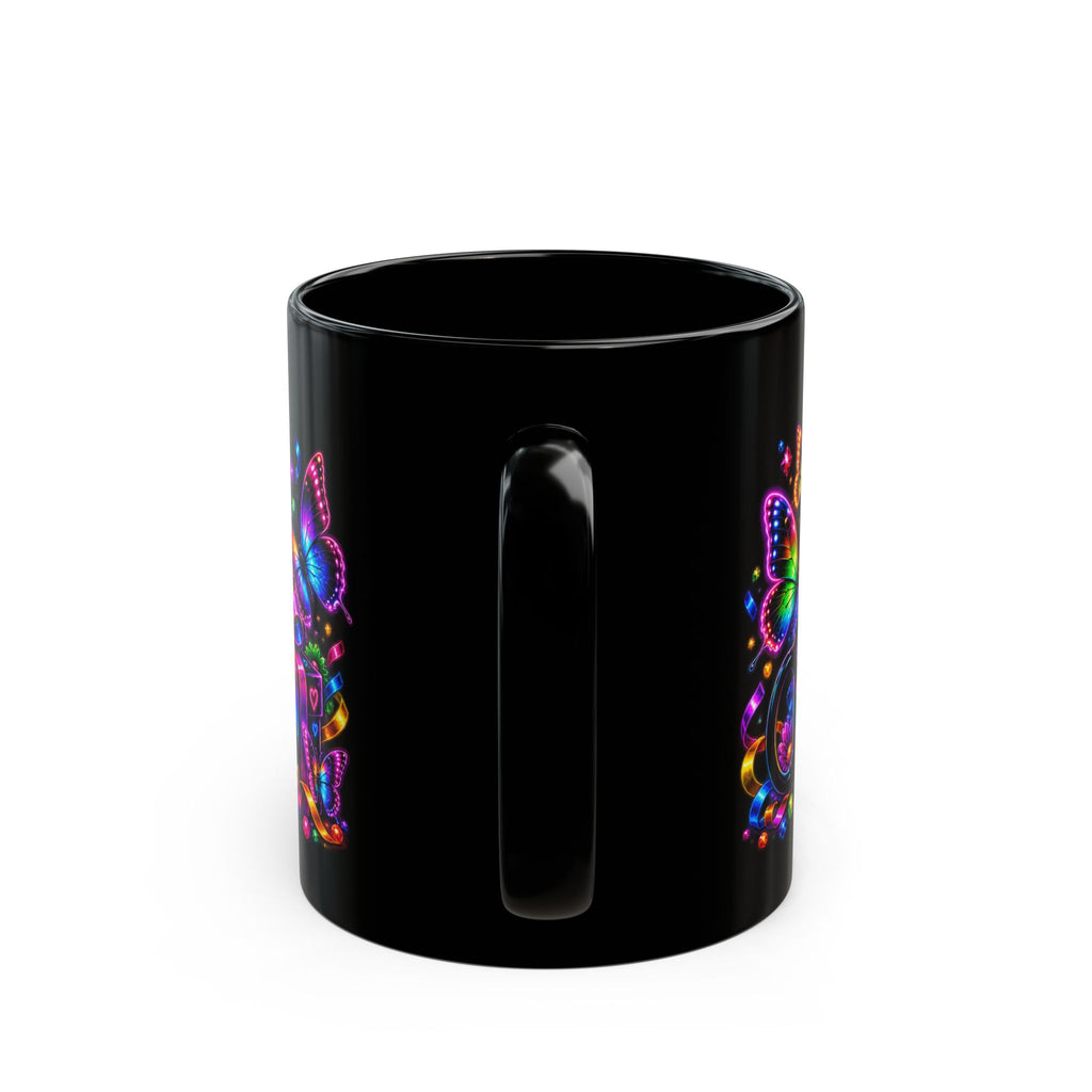 Birthday Black Mug – "Happy Birthday" Neon Gift Mug with Colorful Butterflies & Present