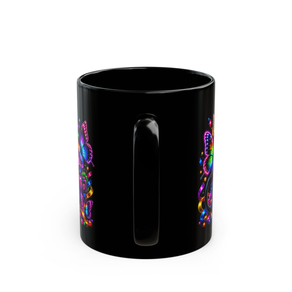 Birthday Black Mug – "Happy Birthday" Neon Gift Mug with Colorful Butterflies & Present