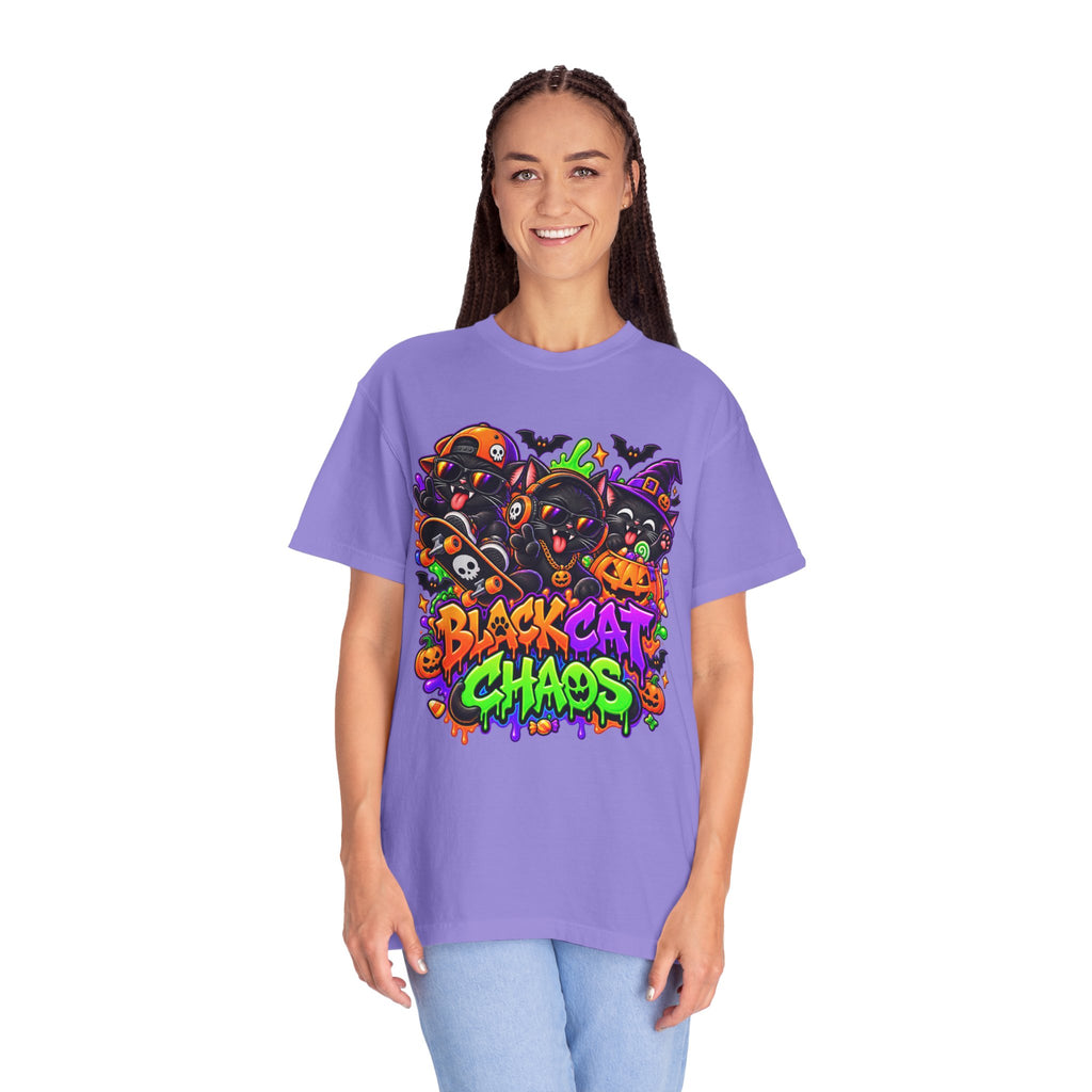 Neon Black Cat Halloween Chaos T-Shirt | Cute Spooky Cat Graphic Tee