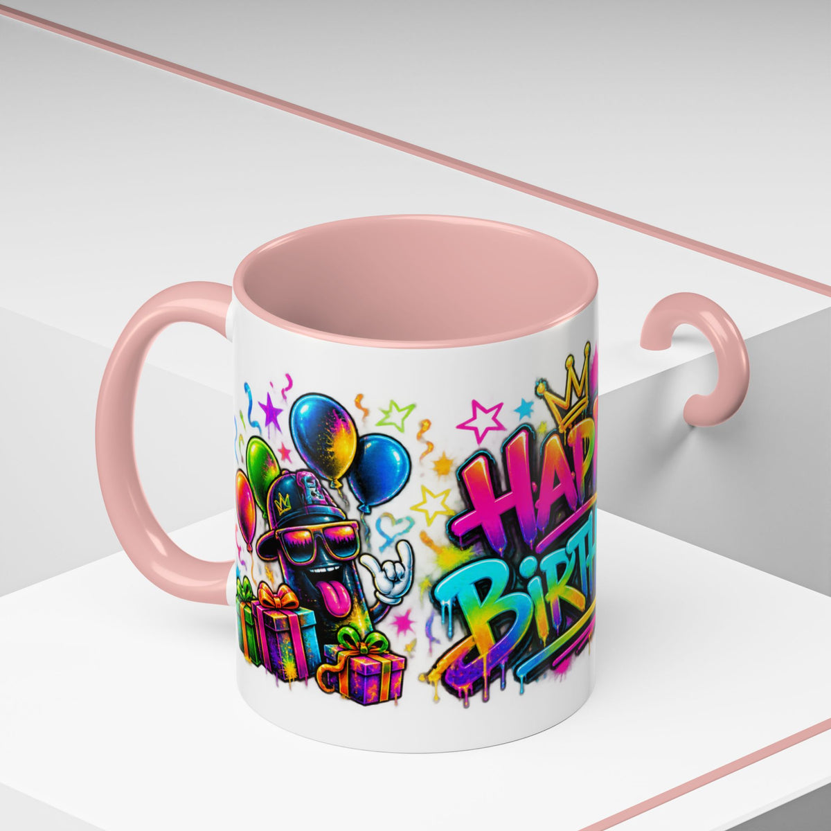 Happy Birthday Accent Coffee Mug – Colorful Graffiti Cake & Balloons (11/15oz)