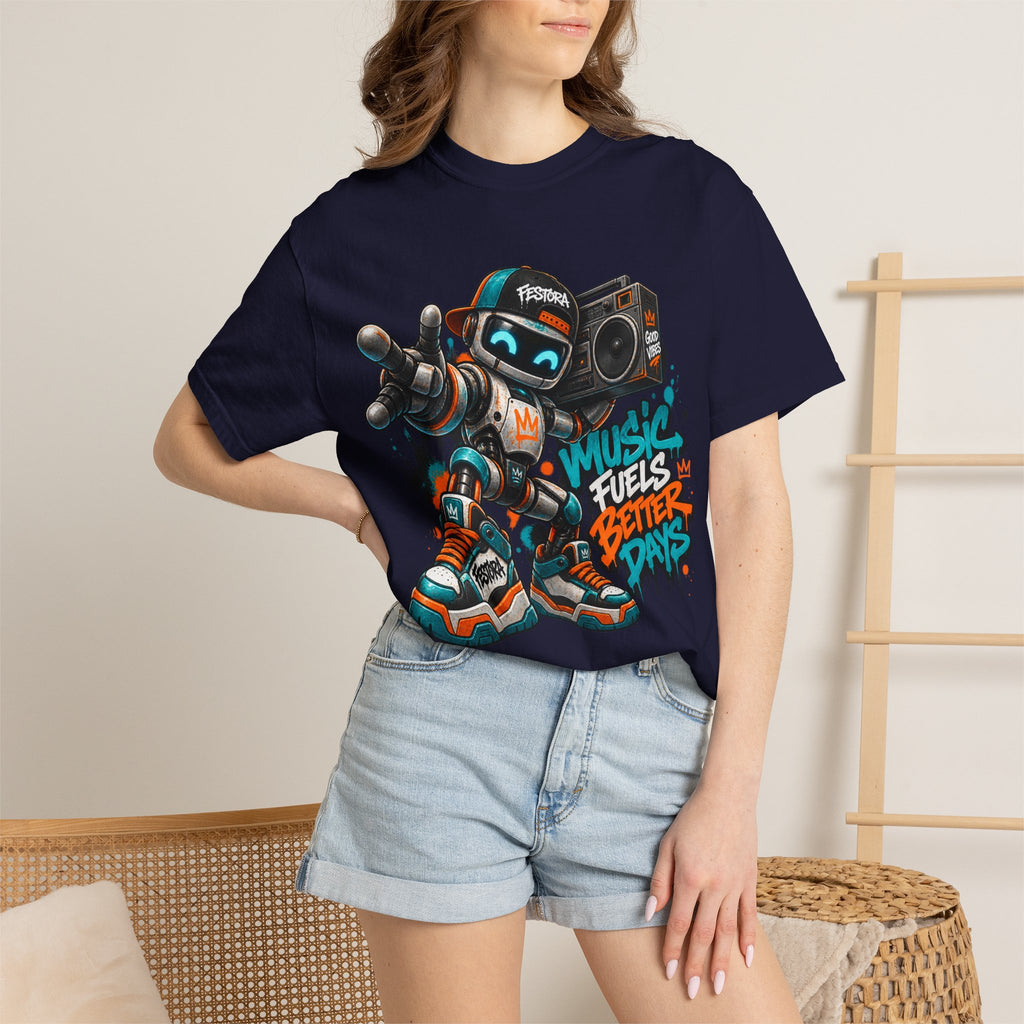 Music Fuels Better Days T-Shirt — Retro Robot Boombox Streetwear
