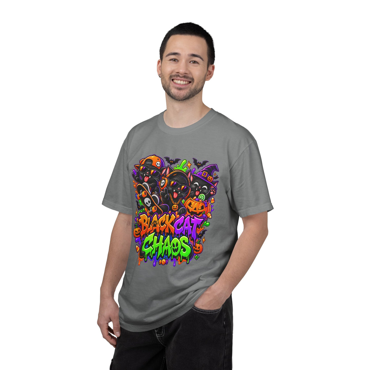 Neon Black Cat Halloween Chaos T-Shirt | Cute Spooky Cat Graphic Tee