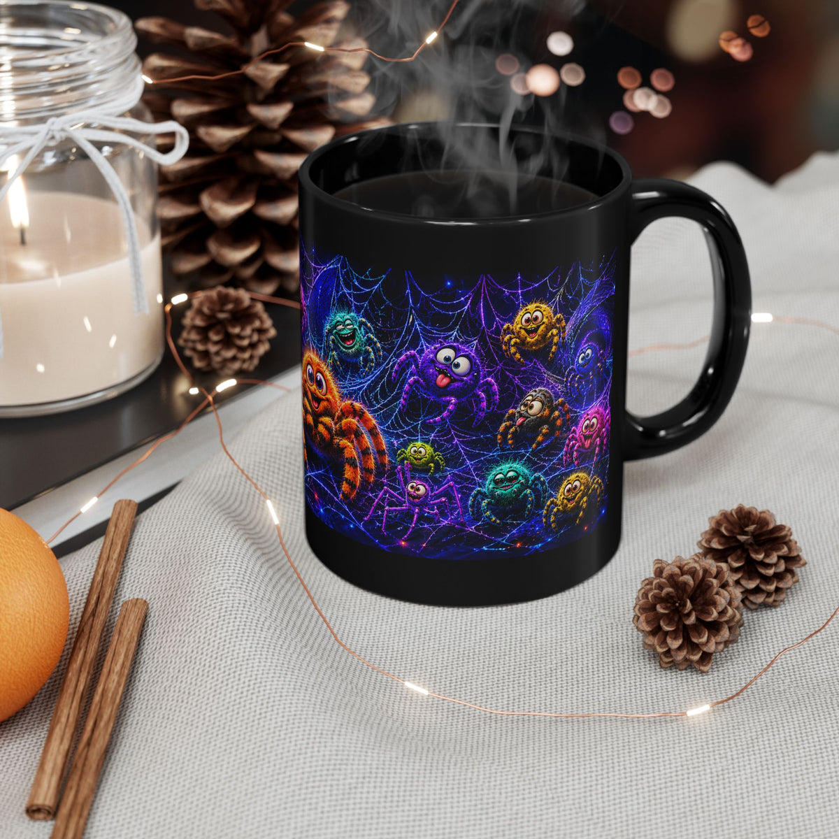 Cute Neon Spider Mug — Colorful Halloween Coffee Cup (11oz/15oz)