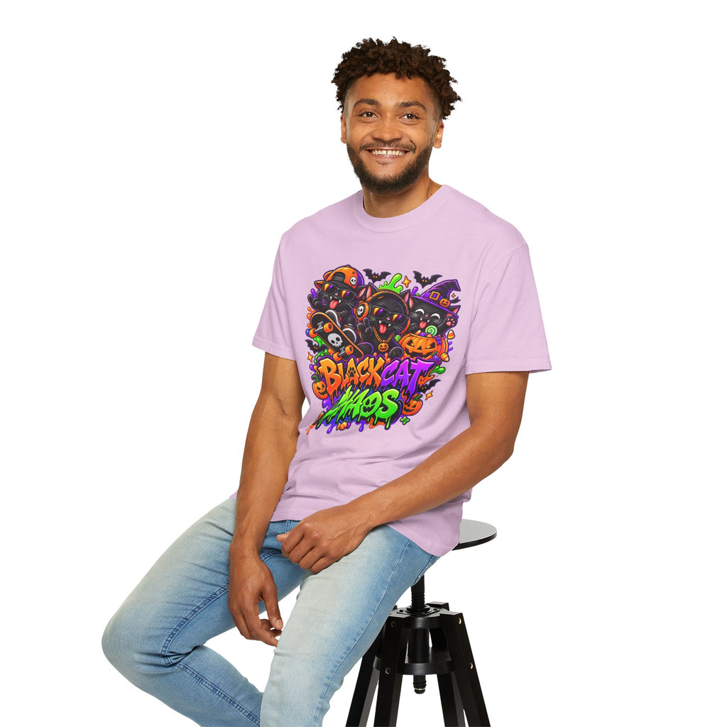 Neon Black Cat Halloween Chaos T-Shirt | Cute Spooky Cat Graphic Tee