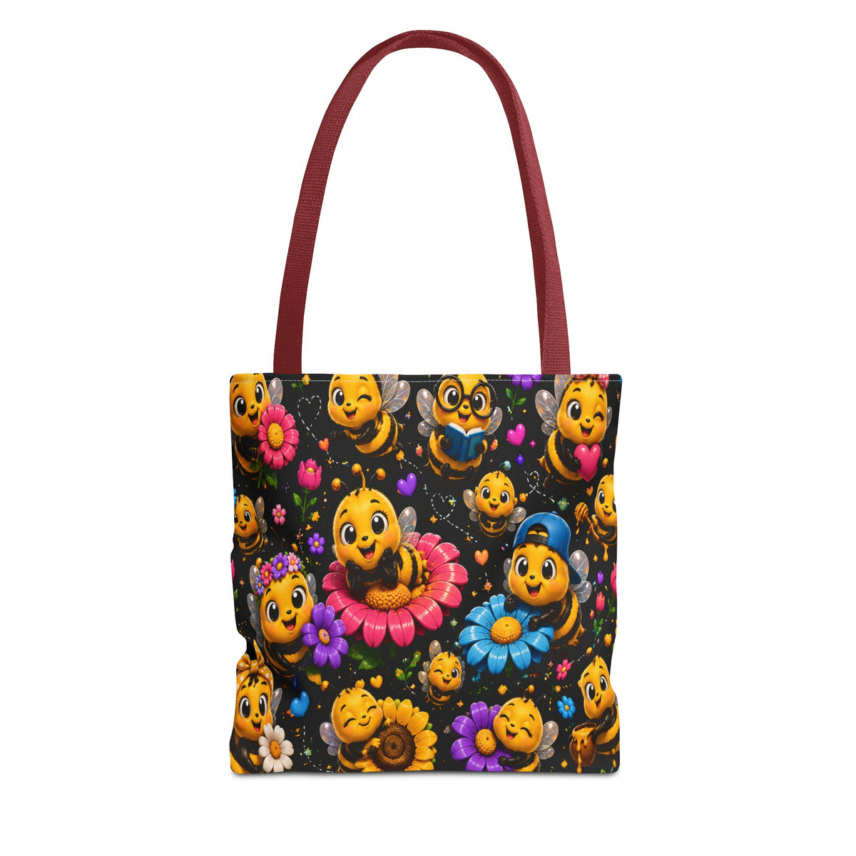 Cute Bee Pattern Tote Bag — Colorful Floral Cartoon Bees All-Over Print