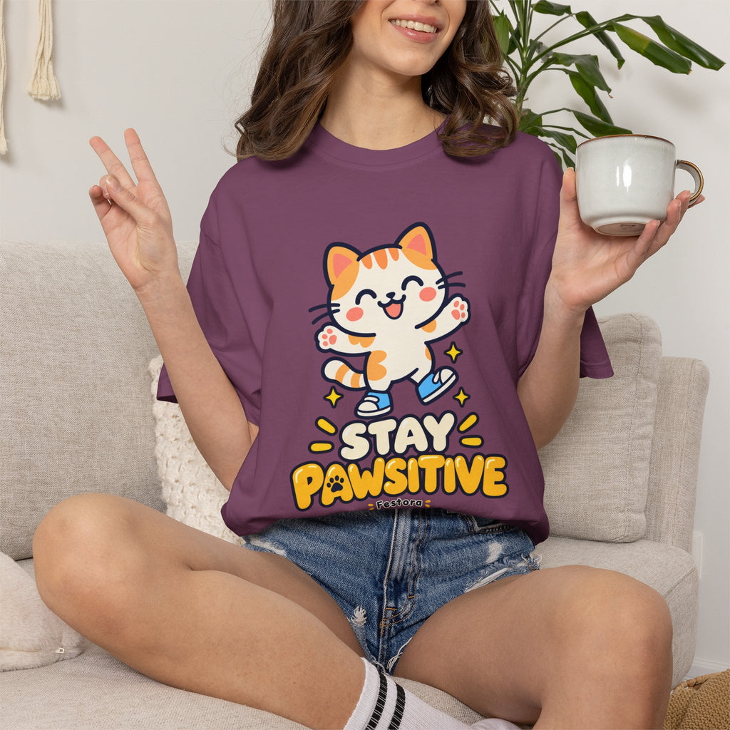 Stay Pawsitive – Cute Happy Cat Graphic T-Shirt